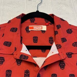 Hamabe Red Tiki Mask Print Button Down Shirt